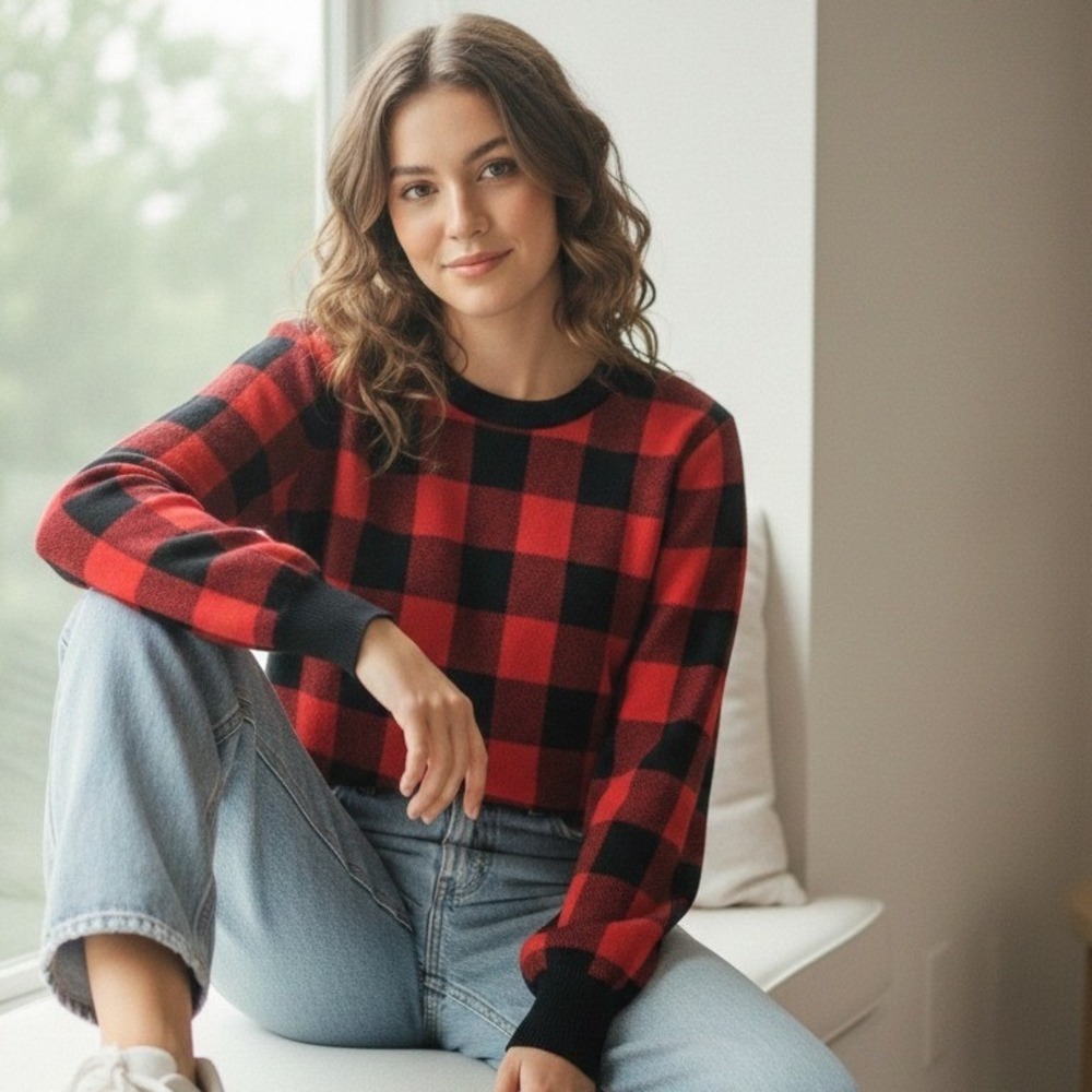 Marled Buffalo‎ Plaid Crew Neck Sweater Red Black Long Sleeve XS - Size XS